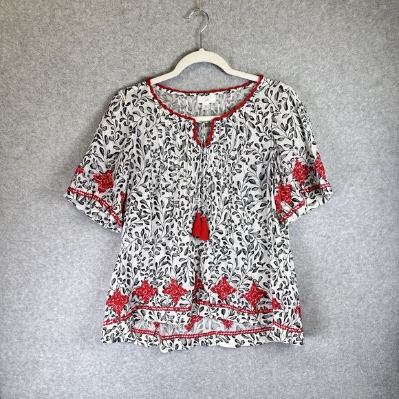 J Jill Prairie Peasant Tunic Top Embroidered Sz S Boho Tassel Tie Cottage Cotton - Picture 7 of 16